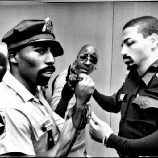 Prompt: photo of 2 pac arresting 2 pac, there is an officer that looks like 2 pac arresting that 2 pac. 2 pac can be seen in the background overlooking the situation.