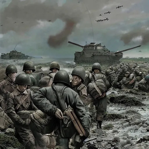 Prompt: d - day scene from saving private ryan except it's by victo ngai and yoji shinkawa moebius jean girard and stuart brown bryan christie godmachine keith thompson psychedelic combat art world war two combat photography photorealistic