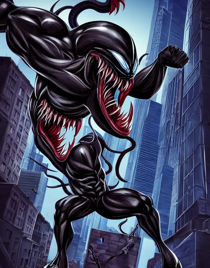 Image similar to fantastic illustration of venom, lethal protector, muscles, muscular, veins, open mouth, angry, saliva, bigh sharp teeths, savage, in a city at night, on top of buildings, large thong, artstation, 3 d hammer modeling, hd, sharp high quality artwork in cinematic style, movie lighting,