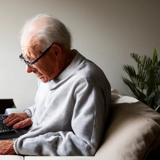 Prompt: elderly man sitting on a casket browsing internet on laptop from a casket casket