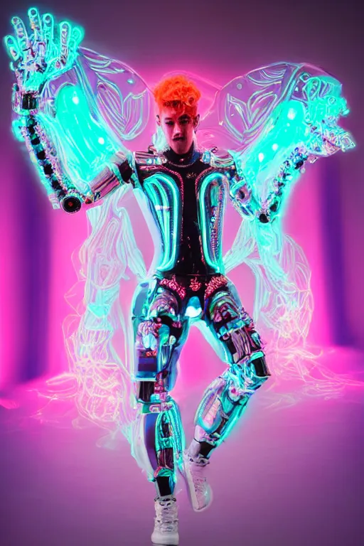 Image similar to full-body rococo and cyberpunk style mint neon and ceramic statue of a muscular attractive Nick Jonas as a robot god humanoid wearing a thin see-through plastic cloak sim roupa, posing like a superhero, suspended to the wall thick clear cables around his wrists, glowing peach face, crown of pink steampunk lasers, large diamonds, swirling silver silk fabric. futuristic elements. oozing glowing liquid, full-length view. space robots. human skulls. throne made of bones, intricate artwork by caravaggio. Trending on artstation, octane render, cinematic lighting from the right, hyper realism, octane render, 8k, depth of field, 3D