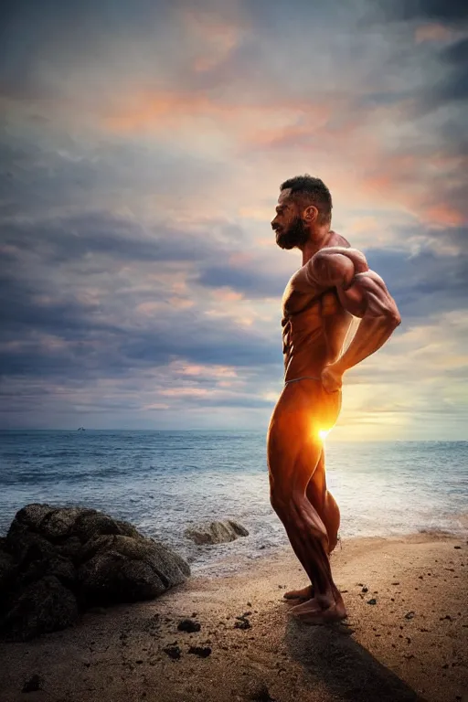 Image similar to a very muscular and defined man wearing ripped pants and shirt looking to the sea at sunset, godrays, complementary colors, natural lighting, portait image, path tracing, serene landscape, high quality, highly detailed, 8K, soft colors, warm colors, turbulent sea, high coherence, anatomically correct, hyperrealistic, concept art, defined face, five fingers, looking to the camera