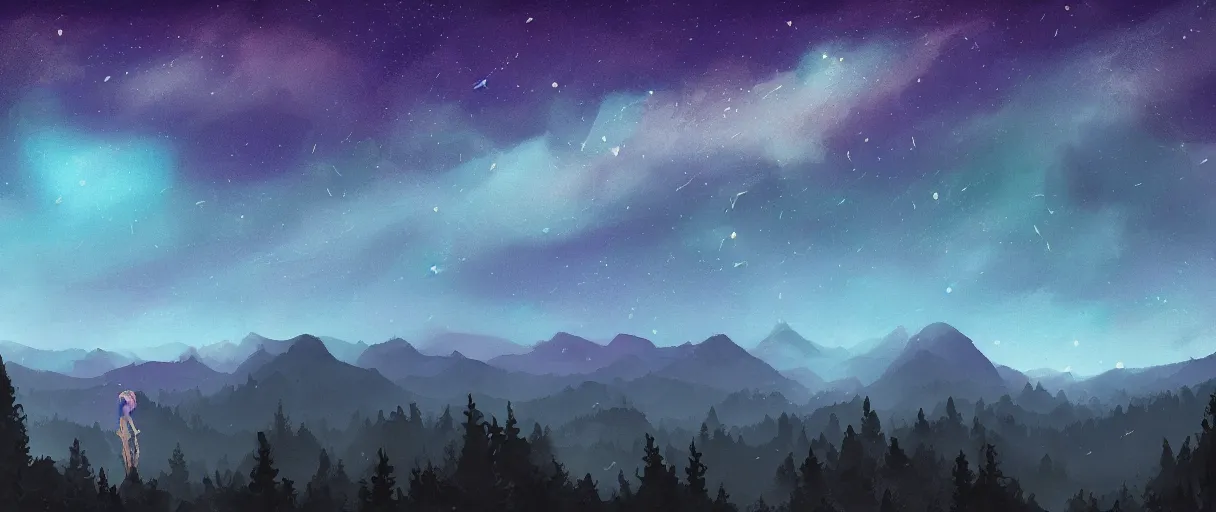 Image similar to digital painting of a ultra detailed night sky with constellations, detailed very beautiful girl swimming in a blue pool, Perseides meteor shower, ultra detailed hill top over behind a forest, large mountains in back, concept art, low angle, high detail, warm lighting, volumetric, godrays, vivid, beautiful, trending on artstation, by Jordan Grimmer, no focus, huge scene, ultra detailed trees, F11 aperture, in the style of JIM RICHARDSON