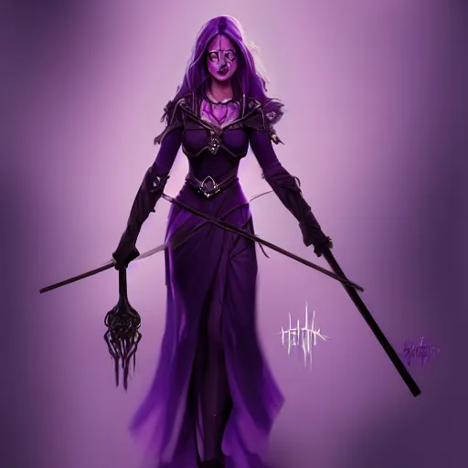 Image similar to a woman in a purple dress holding a staff and dark magic, magical concept art, artstation contest winner, fantasy art, dark and mysterious, artstation hd, detailed, 8 k, digital art