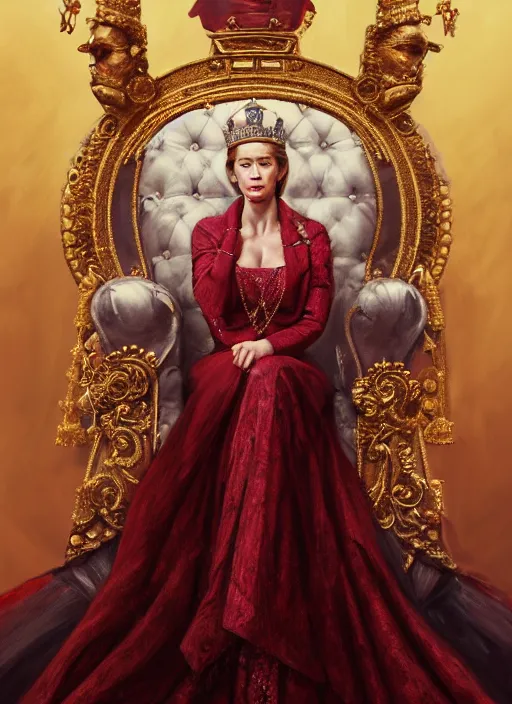 Image similar to portrait of emily blunt as queen on a throne, jewelry, greek, ruby, victorian age, 1 8 9 0, intricate, headshot, key visual, conceptart, ambient lighting, highly detailed, digital painting, artstation, concept art, sharp focus, by makoto shinkai and akihiko yoshida and greg manchess