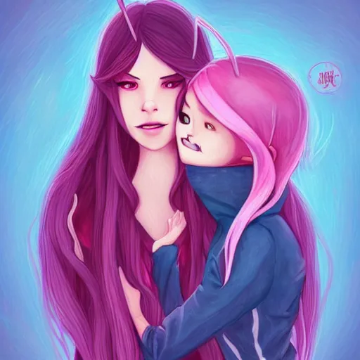Prompt: a beautiful illustration of marceline the vampire queen embracing princess bubblegum by artgerm, wlop n - 9