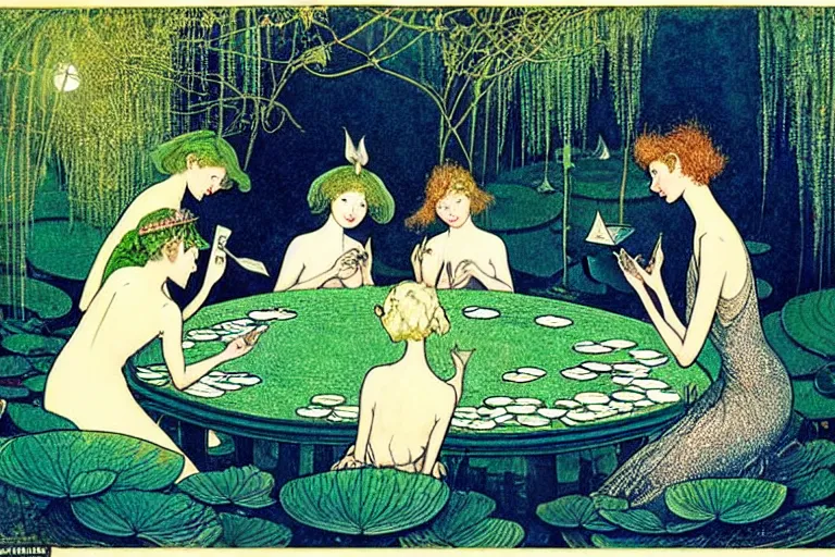 Prompt: a group of gracious winged fairies playing cards on a table in an atmospheric moonlit forest next to a beautiful pond filled with water lilies, artwork by ida rentoul outhwaite, realistic female faces