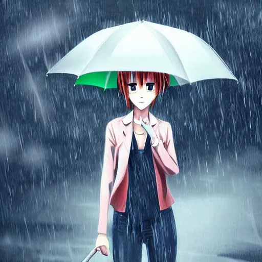 Prompt: realistic anime digital art, holding an umbrella in the rain