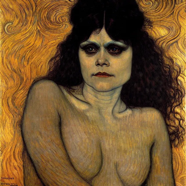 Image similar to detailed realistic theda bara face portrait by jean delville, gustav klimt and vincent van gogh, art nouveau, symbolist, visionary, gothic, pre - raphaelite, muted earthy colors, desaturated