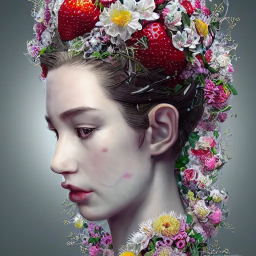 Image similar to the portrait of an absurdly beautiful, graceful, elegant, sophisticated, fashionable young woman made of strawberries and white petals with tears, an ultrafine hyperdetailed illustration by kim jung gi, irakli nadar, intricate linework, bright colors, octopath traveler, final fantasy, unreal engine 5 highly rendered, global illumination, radiant light, detailed and intricate environment