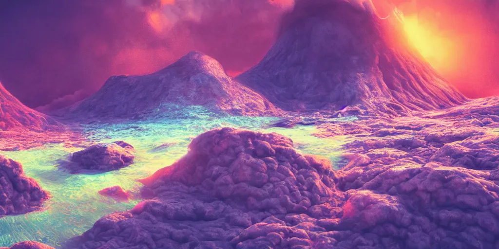 Prompt: pink lemonade flowing from the volcano, digital art, 4 k, highly detailed, soft lighting, dramatic perspective