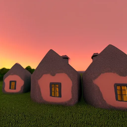 Image similar to houses made of clay, vaponpunk, sunset, 8k, soft light, ray tracing, wet ground