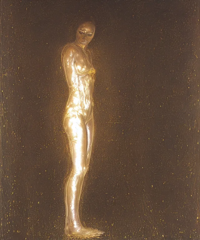 Image similar to Beautiful full-body wax sculpture of glowing transparent woman in glowing cloth with visible gold bones covered with melted white wax inside the singularity where stars becoming baroque folds of dark matter by Michelangelo da Caravaggio, Nicola Samori, William Blake, Alex Grey and Beksinski, dramatic volumetric lighting, highly detailed oil painting, 8k, masterpiece