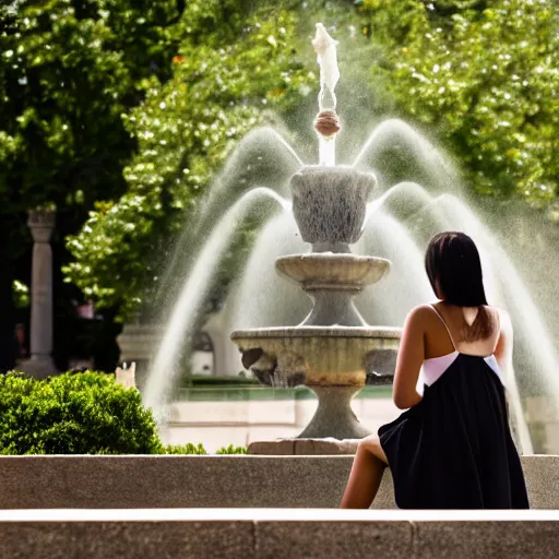 Prompt: a portrait of a young maid sitting on a edge of a fountain in park, 8k, cinematic, photo taken with Sony a7R camera