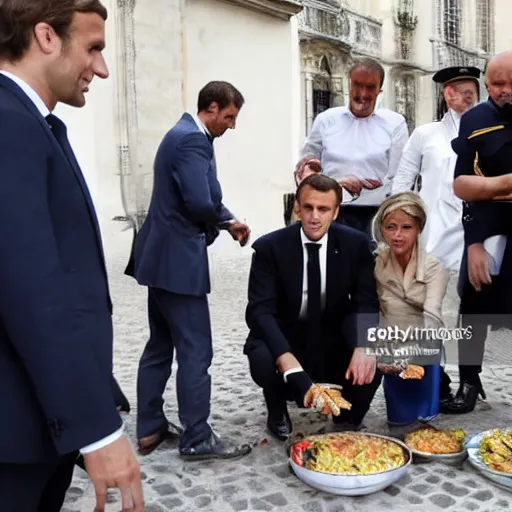 Image similar to barefoot macron, giving food to poor people, barefoot, french president, press photography