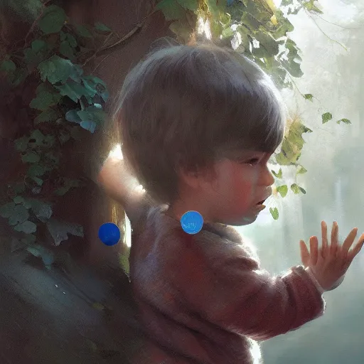 Prompt: close up of child's hand attaching a circle - shaped sticker to a tree, digital art by ruan jia and mandy jurgens and artgerm, highly detailed, trending on artstation, award winning