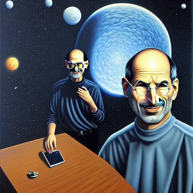 Image similar to an oil on canvas portrait painting of steve jobs in a surreal environment, surrealism, surrealist, cosmic horror, rob gonsalves, high detail