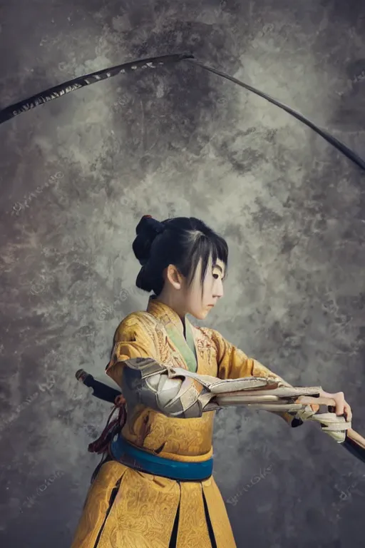 Image similar to highly detailed beautiful photo of a young female samurai, practising sword stances in a temple, symmetrical face, beautiful eyes, realistic anime art style, 8 k, award winning photo, pastels, action photography, 1 / 1 2 5 shutter speed, dramatic lighting