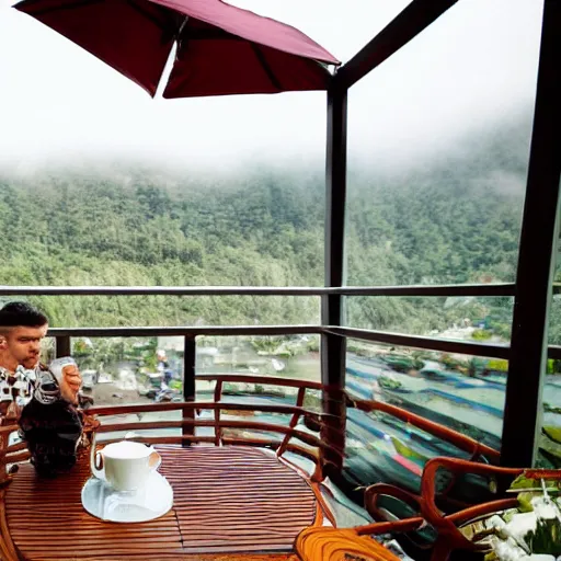 Prompt: couple drinking coffee morning balcony rain peaceful