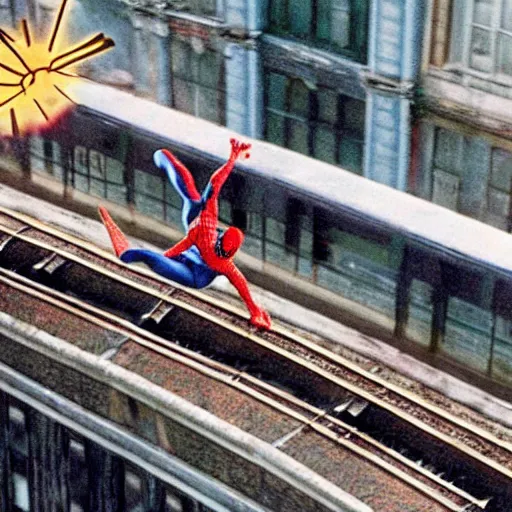 spiderman jumping above a train, movie still, by wes Stable Diffusion