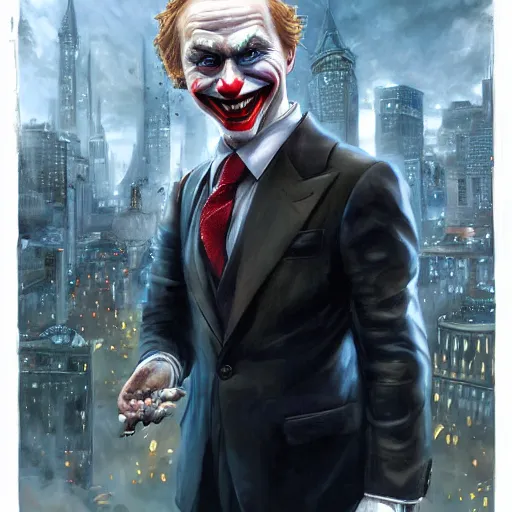 Image similar to portrait of vladimir putin as a joker in a city in fire, realistic, high definition, 4 k, shimmering color, hyper detailed, art of greg rutkowski and magali villeneuve and artgerm