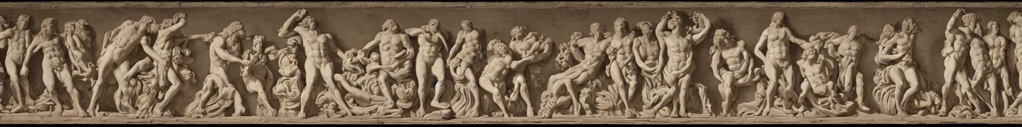 Prompt: long line-up of laocoon and his sons struggling with serpents, full body view, white background