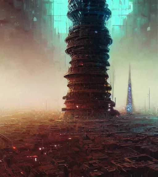 Image similar to colored manga, by greg rutkowski, tarkovsky, majestic ancient tower of babylon of terror, a woman in cyber clothing, hyperrealistic, blame manga, full color, cyber architecture, intricate, illustration, kilian eng, concept art, hyper - detailed, smooth, masterpiece, epic, cinematic, high quality