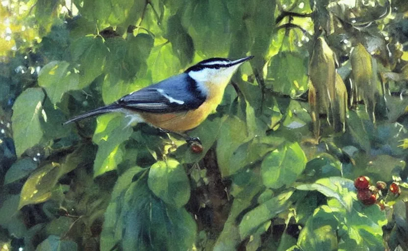 Image similar to oil painting lanscape by anders zorn, closeup nuthatch in jungle nature, fruit trees, very very very very beautiful art, dramatic light, strong shadows