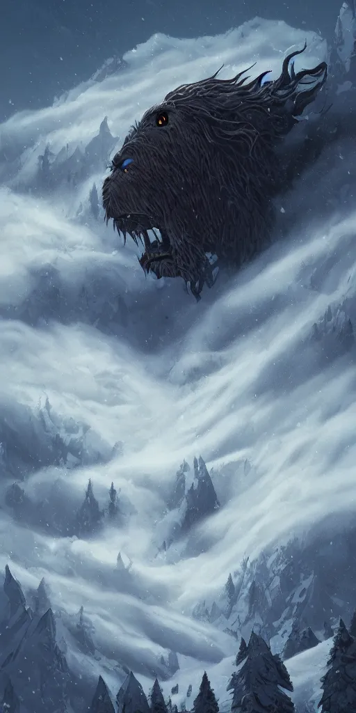 Prompt: a giant hairy and terrifying cryptid monster lurking halfway up a snowy mountain in the style of Sylvain Sarrailh, wispy magical smoke, beautiful digital art, cinematic composition, detailed, concept art, Matt painting, oil painting, high res