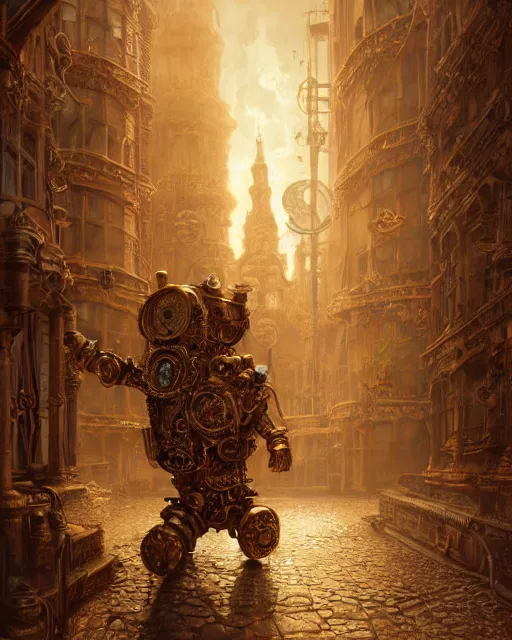 Image similar to oil painting of intricate ornate golden Steampunk Golem, sharp focus, fantasy style, steampunk city background, octane render, volumetric lighting, 8k high definition, by greg rutkowski, highly detailed, trending on art Station, rays of light