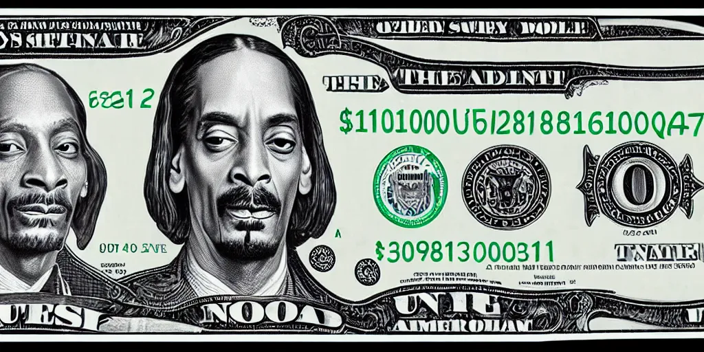 Image similar to a thousand dollar us bill featuring snoop dogg