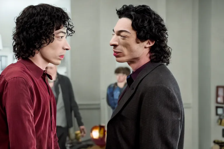 Prompt: Michael Keaton smacks Ezra miller for being naughty ultra realistic, 4K, movie still, UHD, sharp, cinematic