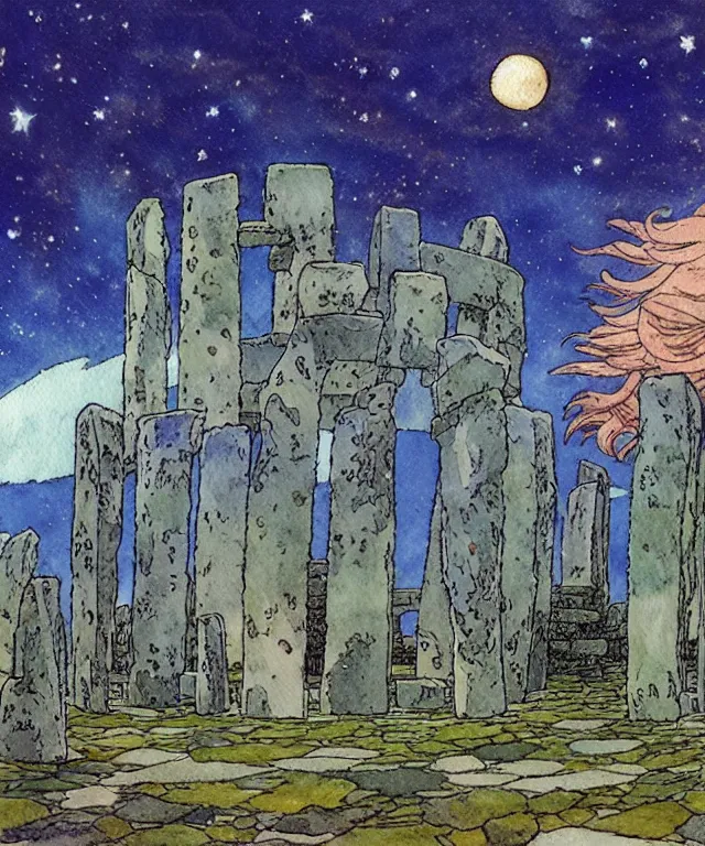 Image similar to a hyperrealist studio ghibli watercolor fantasy concept art. in the foreground is a giant grey octopus building and putting stones in to place on top of stonehenge with a starry sky. by rebecca guay, michael kaluta, charles vess