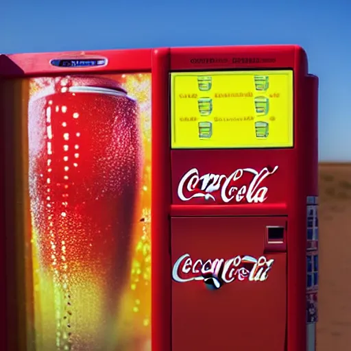 Prompt: blurry vibrant dream like photo of a coca - cola vending machine in the middle of the dessert at broad daylight taken using dream recording device