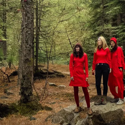 Prompt: Women in red near a lake in a forest between mountains