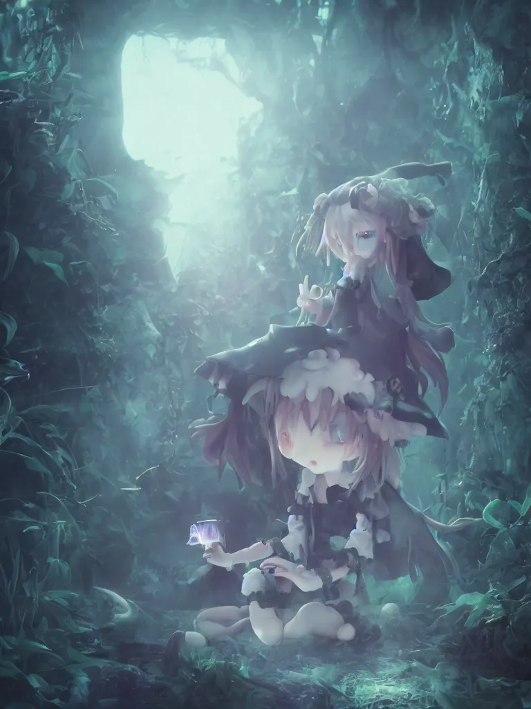 Image similar to cute fumo plush of a frail cursed witch girl wandering the depths of the forbidden jungle, gothic wraith maiden, wispy smoke and volumetric fog, beyond the mirror, filmic, symmetric beauty, moonlight midnight glow, vignette, vray