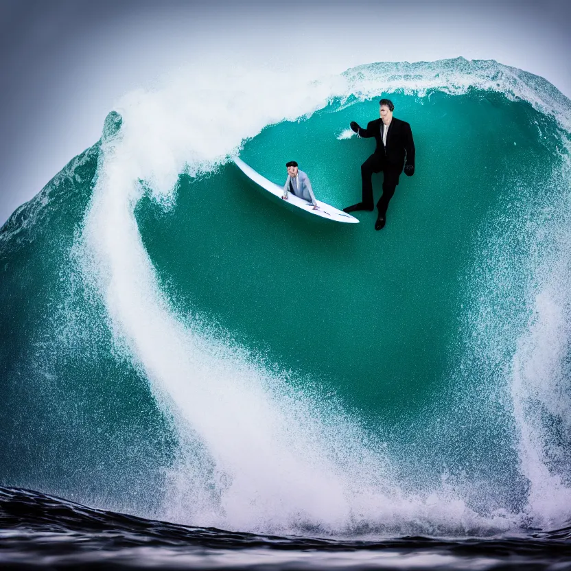 Image similar to man in black suit surfs carpet which looks like ocean wave in nazare, furniture around, business surrounding, dslr, insane details, hyper reallistic, 8 k, clear face and eyes, ultra clear detail, hdr, textured, award winning, professional photography