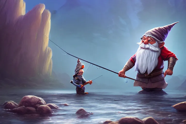 Image similar to legendary elegant gnome fishing in lake, highly detailed, d & d, fantasy, highly detailed, digital painting, trending on artstation, concept art, sharp focus, illustration, global illumination, ray tracing, realistic shaded, art by artgerm and greg rutkowski and fuji choko and viktoria gavrilenko and hoang lap