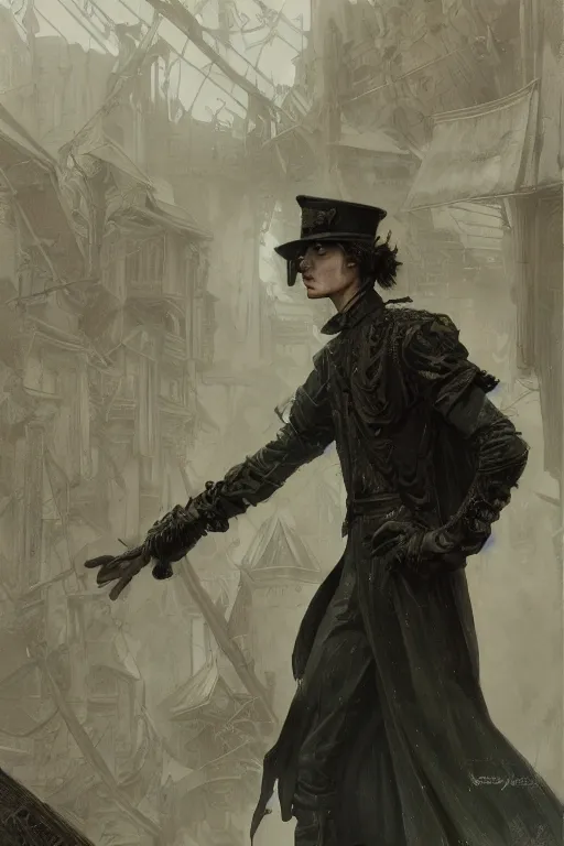 Prompt: skinny male fantasy alchemist, long dark hair, 1 9 2 0 s fashion, elegant, highly detailed, intricate, smooth, sharp focus, atmospheric lighting, artstation, digital paining, concept art, art by donato giancola, greg rutkowski, artgerm, cedric peyravernay, valentina remenar, craig mullins