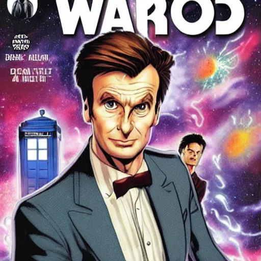 Image similar to A marvel comic book cover of the tenth doctor standing in front of the Tardis, daytime