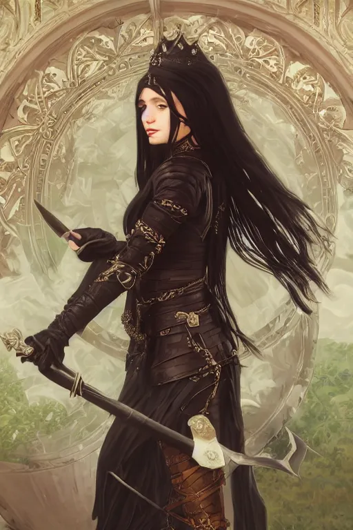 Image similar to eloquent young elf queen with long black hair, full body portrait, gorgeous, seductive, realistic, leather armor and cloak, leather gloves, digital art, path traced, highly detailed, high quality, lively, sakimi chan, alphonse mucha, leesha hannigan