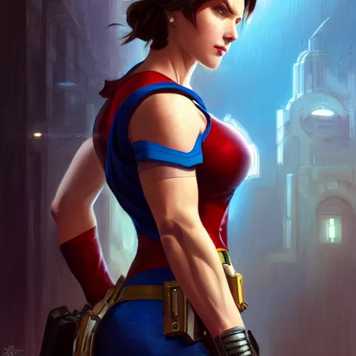 Prompt: Jill Valentine as Super Girl, western, D&D, fantasy, intricate, elegant, highly detailed, digital painting, artstation, concept art, matte, sharp focus, illustration, art by Artgerm and Greg Rutkowski and Alphonse Mucha