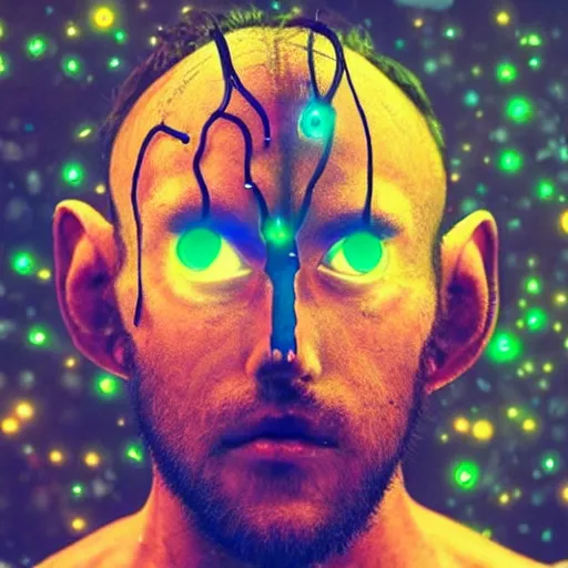 Image similar to three three eyed humanoids, third eye middle of forehead, wide wide shot, hairy bodies, vivid colors, thin wires, beautiful lighting