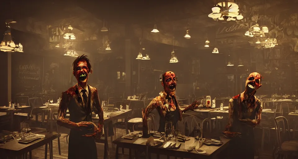 Prompt: waiter angry zombie, detailled portrait, restaurant interior, feeling of grimdark horror, daytime, high contrast, ultra intricate detailed, octane render, unreal engine