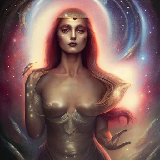 Prompt: a beautiful portrait of a cosmic goddess by Jim Burns and Tom Bagshaw