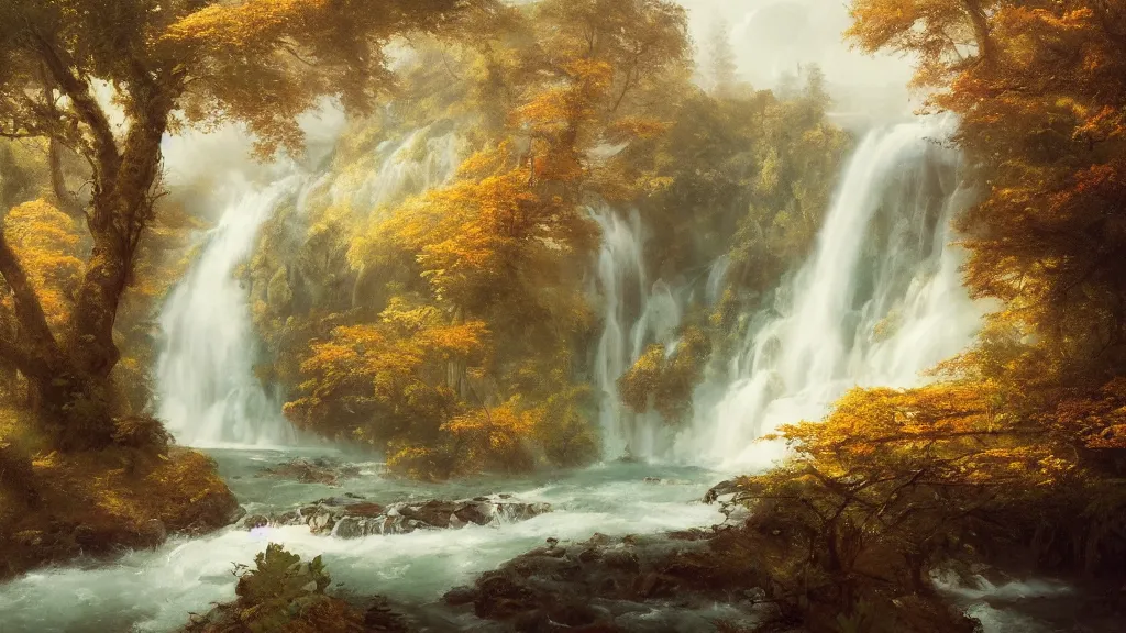 Image similar to the most beautiful panoramic landscape, oil painting, where a giant dreamy waterfall creates a river, the trees around are starting to bloom in a variety of colors, by greg rutkowski, long exposure