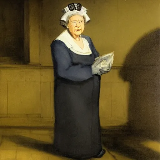 Image similar to queen elizabeth as an old dinner lady in a run down inner city london school, dark and depressing, by goya and hogarth