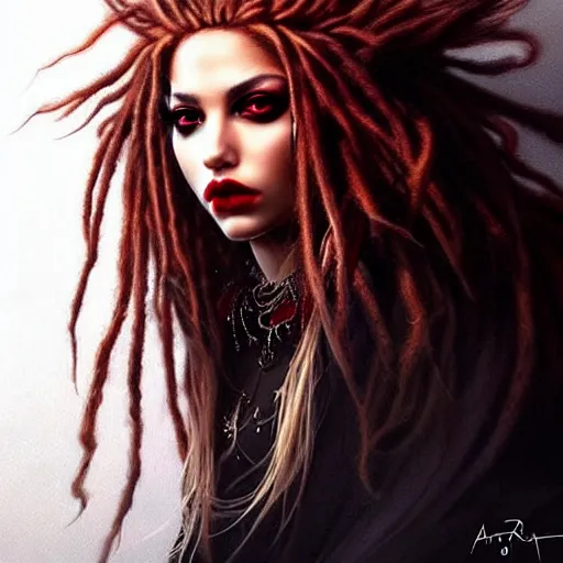 Prompt: photography flawless beautiful female instagram model with blonde and red dreadlocks in a black ballgown, dark, piercing eyes, exotic expression, esoteric clothing, photorealistic, highly detailed, mysterious lighting, artstation, smooth, sharp focus, art by artgerm, greg rutkowski and luis royo