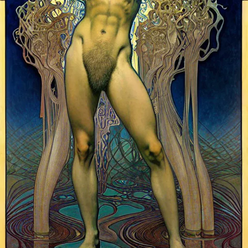 Prompt: an average man with his briefcase by Jean Delville, Amano and Yves Tanguy and Alphonse Mucha and Ernst Haeckel and Edward Robert Hughes and Roger Dean,