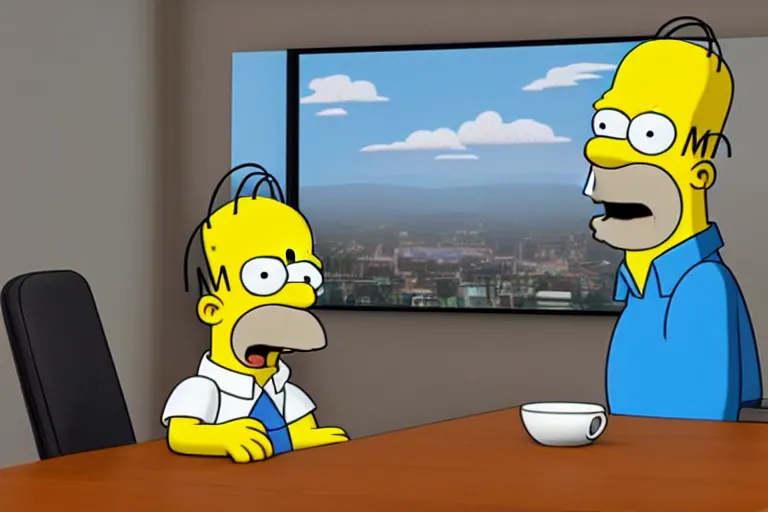 Image similar to Homer Simpson sits at the office table and monitors the fall of Bitcoin and is angry, 3d, CryEngine, 8k, hyperrealism